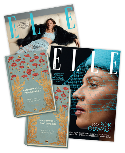 Elle 1/2026 z dwoma tomami książki Williama M. Thackeraya "Targowisko próżności"