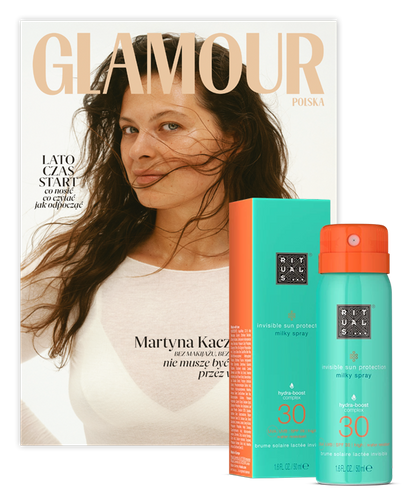 Glamour 7-8/2026 z kosmetykiem od Rituals (invisible sun protection milky spray 30 SPF - 50 ml)