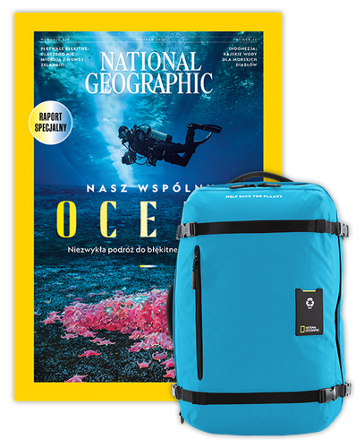 Roczna prenumerata National Geographic z dużym plecakiem-torbą turkusowy NG OCEAN (poj. 41-50 l.)
