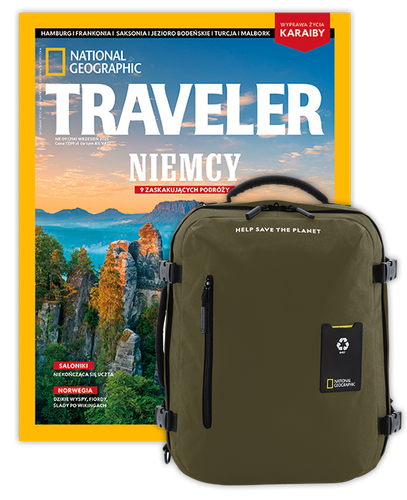 Roczna prenumerata Travelera z dużym plecakiem-torbą khaki NG OCEAN (poj. 41-50 l.)