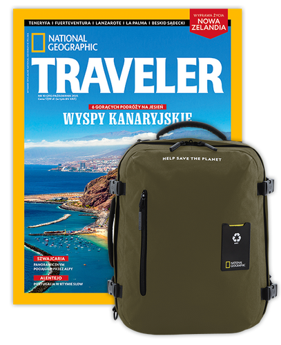 Roczna prenumerata Travelera z dużym plecakiem-torbą khaki NG OCEAN (poj. 41-50 l.)