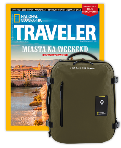 Roczna prenumerata Travelera z dużym plecakiem-torbą khaki NG OCEAN (poj. 41-50 l.)