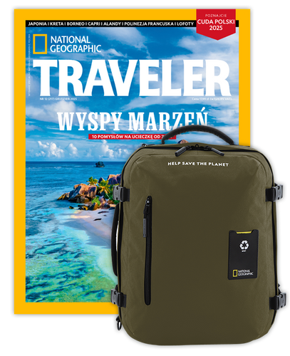 Roczna prenumerata Travelera z dużym plecakiem-torbą khaki NG OCEAN (poj. 41-50 l.)