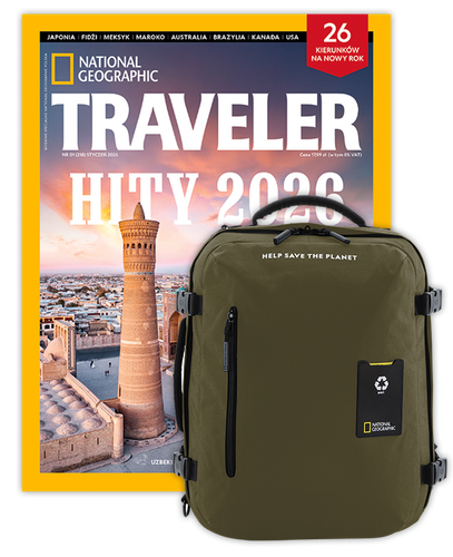Roczna prenumerata Travelera z dużym plecakiem-torbą khaki NG OCEAN (poj. 41-50 l.)