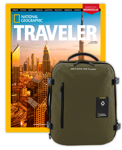 Roczna prenumerata Travelera z dużym plecakiem-torbą khaki NG OCEAN (poj. 41-50 l.)