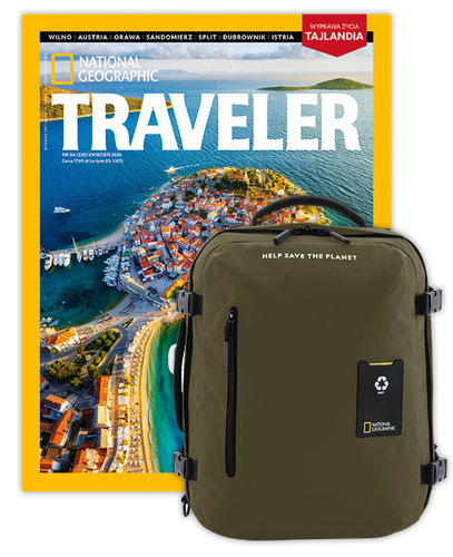 Roczna prenumerata Travelera z dużym plecakiem-torbą khaki NG OCEAN (poj. 41-50 l.)
