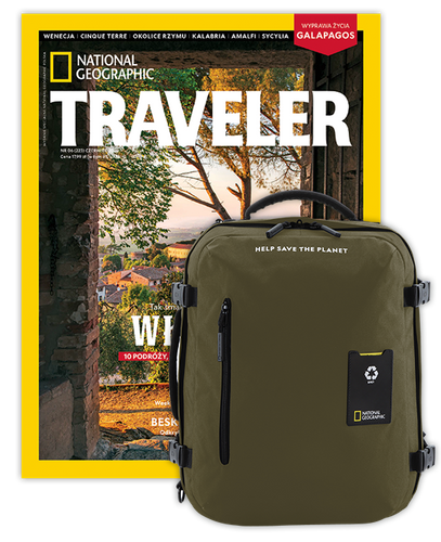 Roczna prenumerata Travelera z dużym plecakiem-torbą khaki NG OCEAN (poj. 41-50 l.)