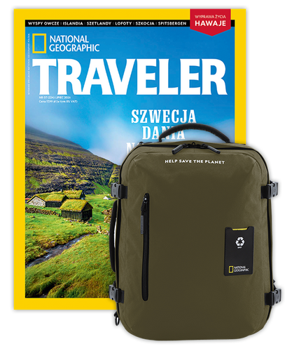 Roczna prenumerata Travelera z dużym plecakiem-torbą khaki NG OCEAN (poj. 41-50 l.)